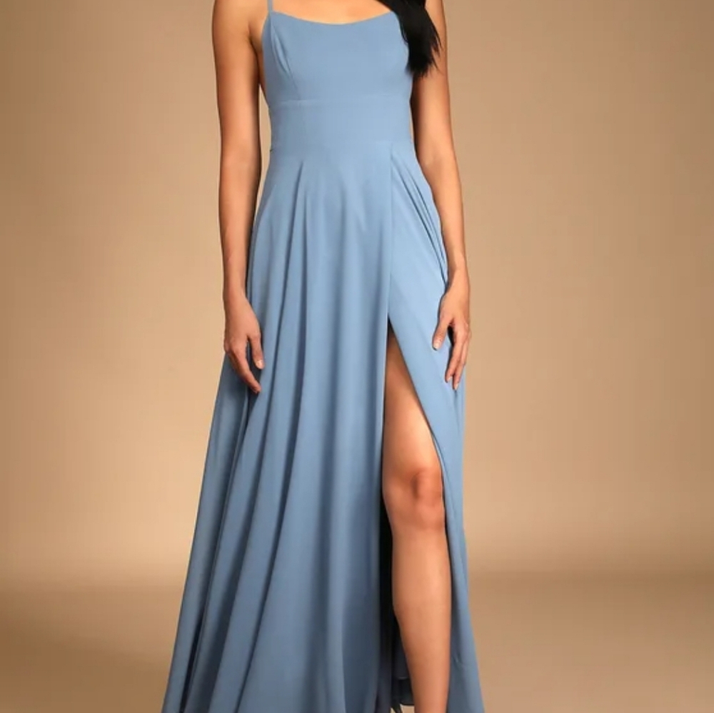 Lulus dreamy romance slate blue backless maxi dress NWT 👗